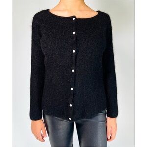 Sezane Womans Top Mohair Alpaca Cardigan XS Black with White Pearl
